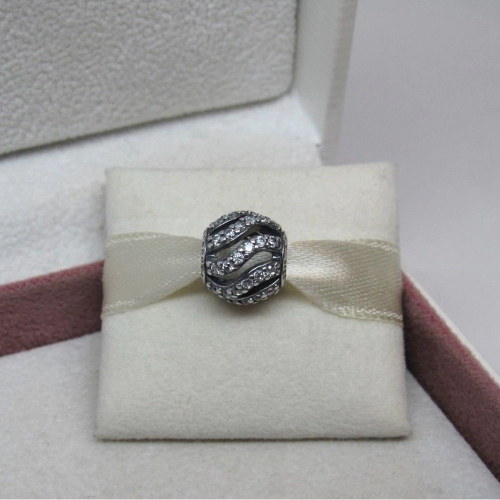Pandora Retired Black Enamel Clear CZ Wave Clip Charm Sterling Silver 925 ALE - Picture 4 of 7